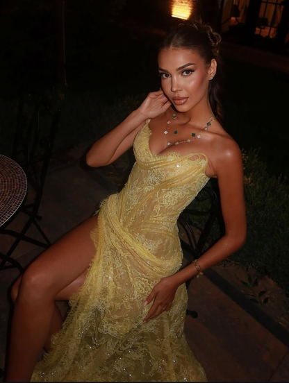 Unique Mermaid Sweetheart Yellow Lace Slit Prom Dresses Long Party Dress 21St Birthday Outfits Graduation Dress