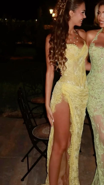 Unique Mermaid Sweetheart Yellow Lace Slit Prom Dresses Long Party Dress 21St Birthday Outfits Graduation Dress