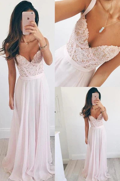 Elegant A-line V-neck Long Chiffon Pink Long Prom Dresses