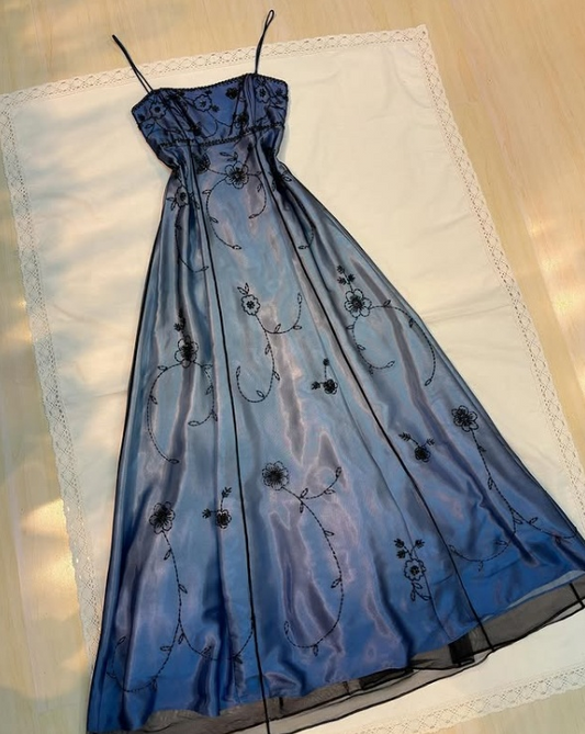 Vintage Blue Gradient Empire Prom Dresses Backless Romantic Beaded Evening Dresses Guest Dresses