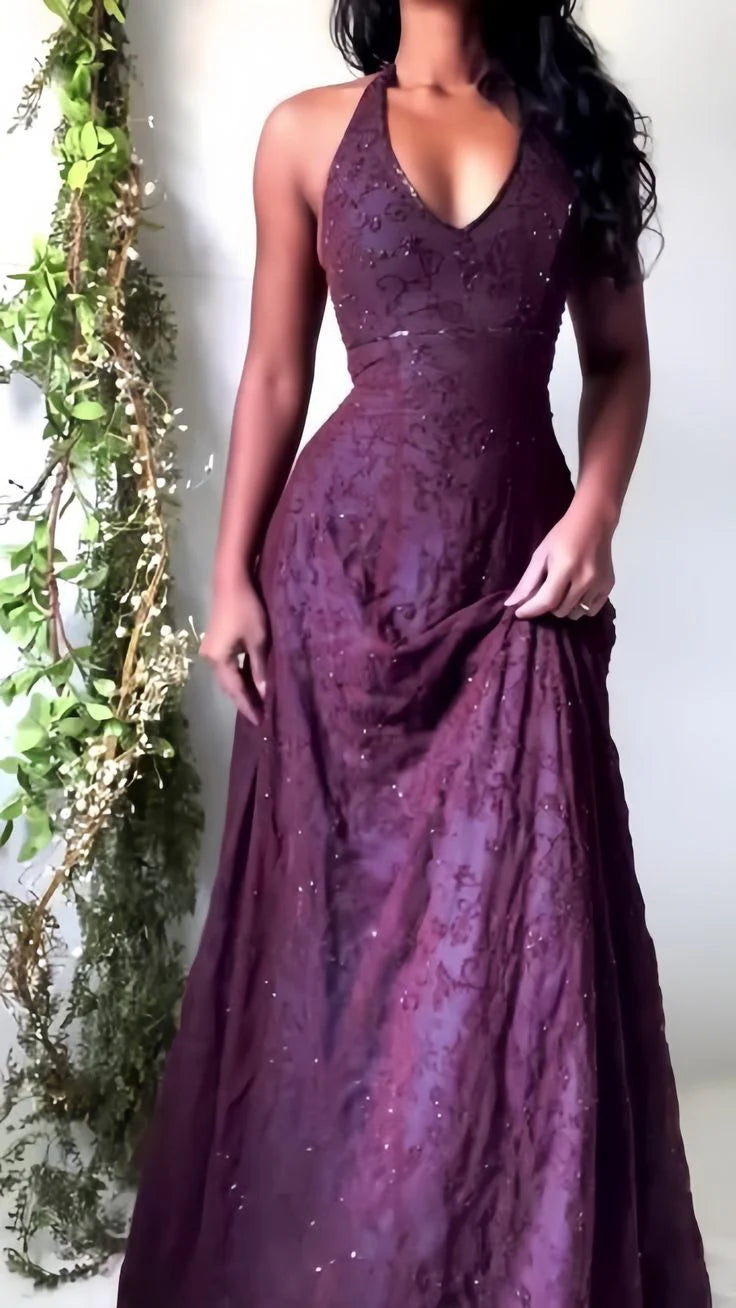 Elegant amethyst purple lace mermaid prom dress with a halter neckline, vintage-inspired formal evening gown for 2026 prom trends.