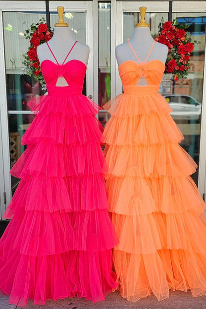 Orange Halter Tulle Tiered A-line Long Party Dress