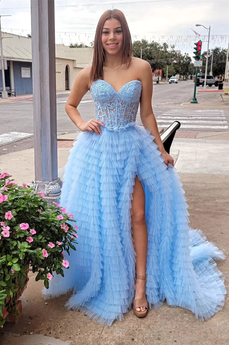 Sweetheart Appliques Tiered A-Line Prom Dresses Dance Dress Long