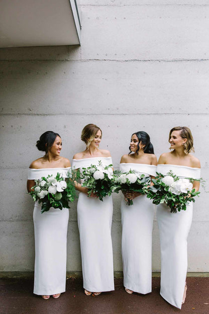 Elegant White Off The Shoulder Sheath Floor Length Bridesmaid Dresses