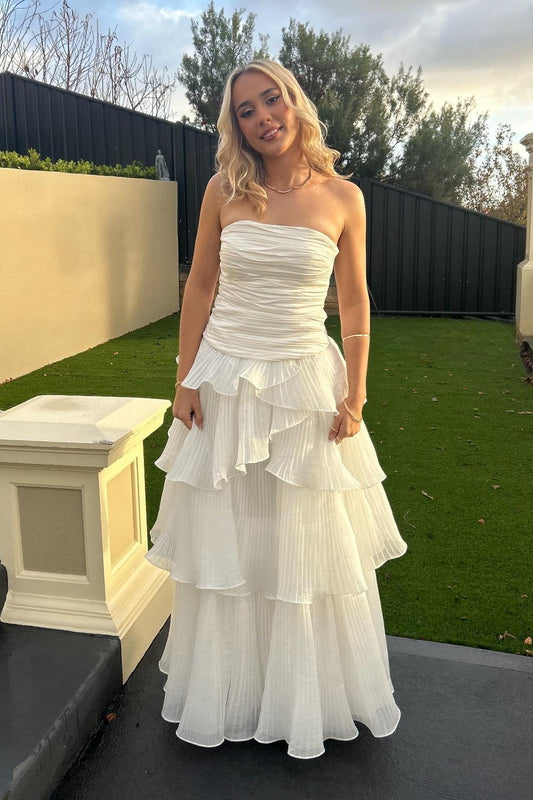 Strapless White Ruched Pleated Ruffle Party Dress