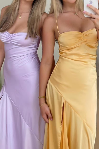 Straps Yellow Silk Long Dress with Slit