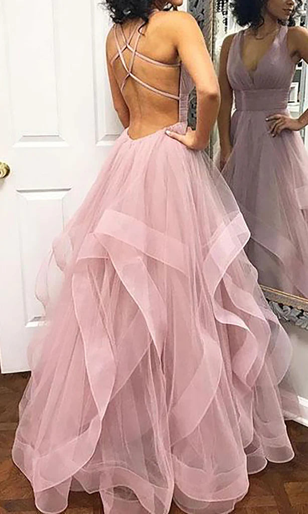 PM324,Popular Tiered V-Neck Long Prom Dresses,Pink Evening Formal Gown