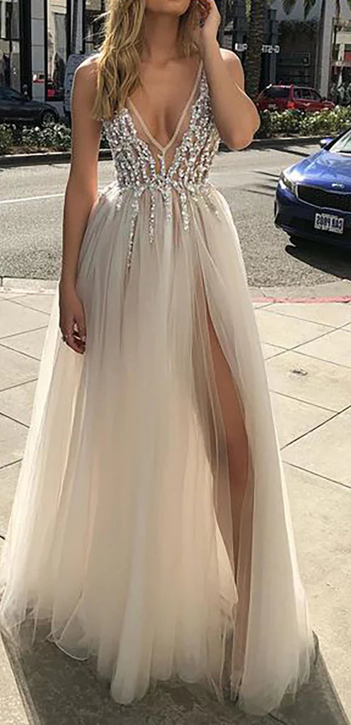 PM350,Grey Beaded Tulle V-Neck Sexy Prom Dresses,Split Long Evening Dresses