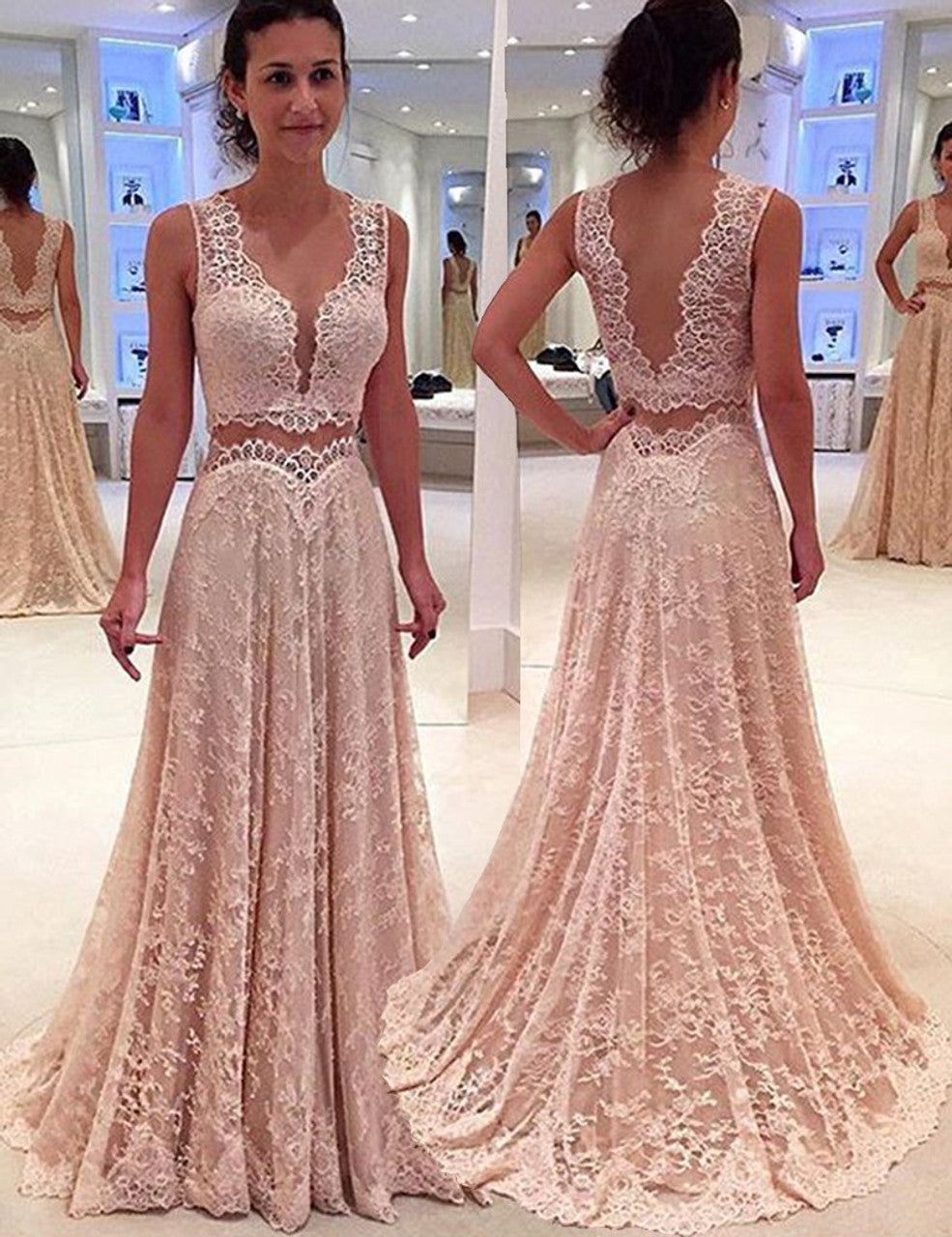 PM334,Sweet Pink Lace Two Pieces Long Prom Evening Dresses