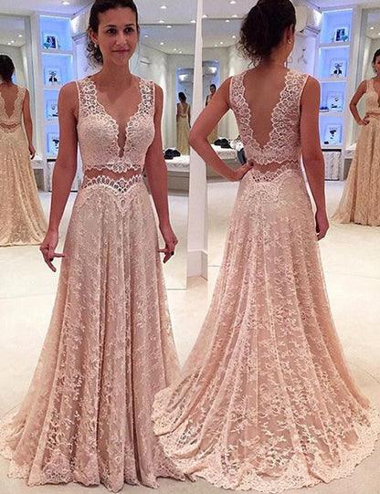 PM334,Sweet Pink Lace Two Pieces Long Prom Evening Dresses