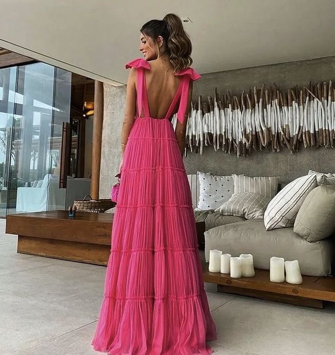 PM467,Pink Backless Prom Dress, V-Neck Evening Dress