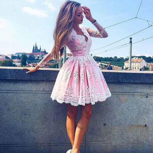 PM278,Charming Pink Lace Homecoming Dresses Long Sleeves Graduation Dress