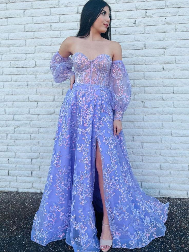 PM462, Princess Lilac Sweetheart Lace Prom Dresses, Off The Shoulder Bubble Sleeves A-Line Evening Gown