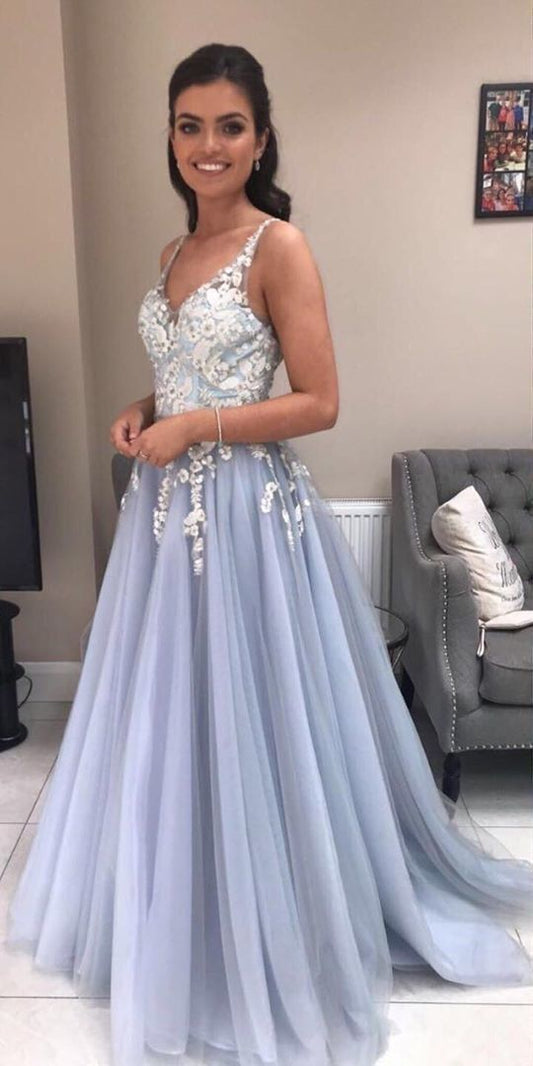 PM015,Light blue a-line embroidery prom dress,tulle evening dresses