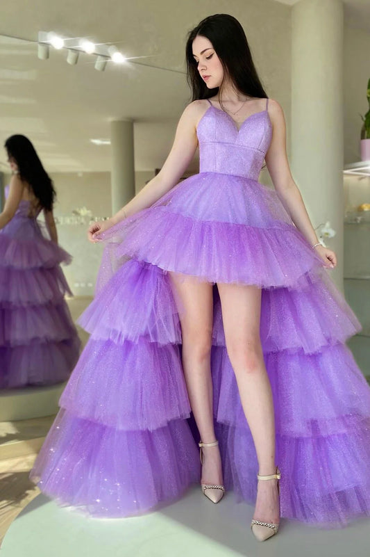 PM464, V Neck Purple High Low Prom Dresses, Purple High Low Formal Homecoming Dresses