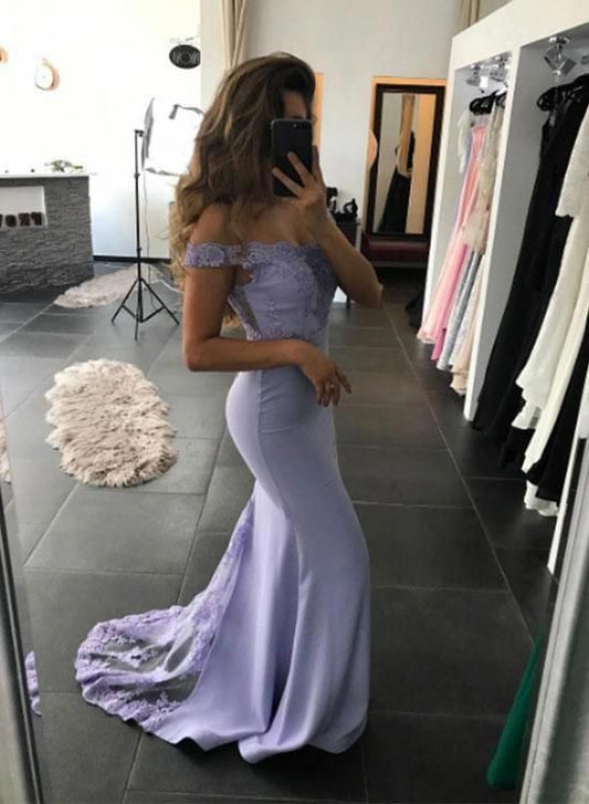 PM393,Off the shoulder lilac applique mermaid prom dresses,elastic satin evening dresses