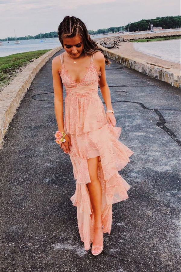PM028,Simple A Line Pink Spaghetti Straps V Neck Long Prom Dresses,Cute Bridesmaid Dresses