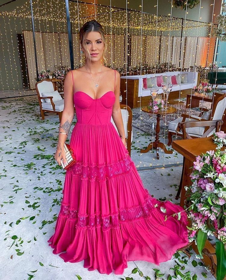 PM426,Hot Pink A-Line Spaghetti Straps Chiffon Long Prom Dresses