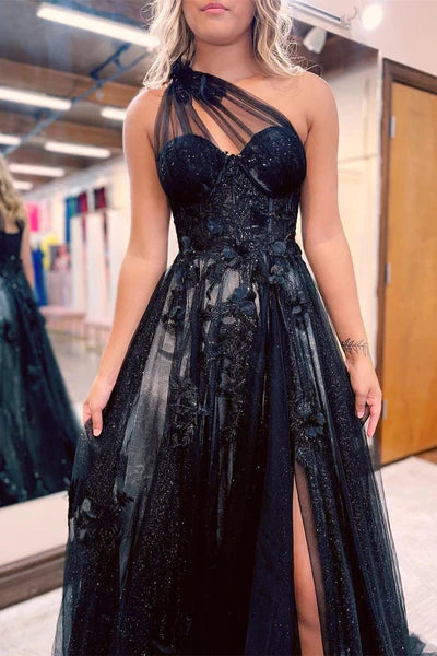 PM407,Luxury Black Tulle Pleated A-Line Beaded Applique Sparkle Prom Dresses For Teenager