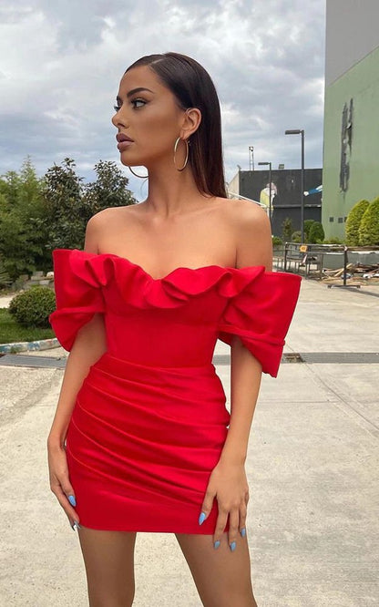 PM323,Off the shoulder red pleated homecoming dresses