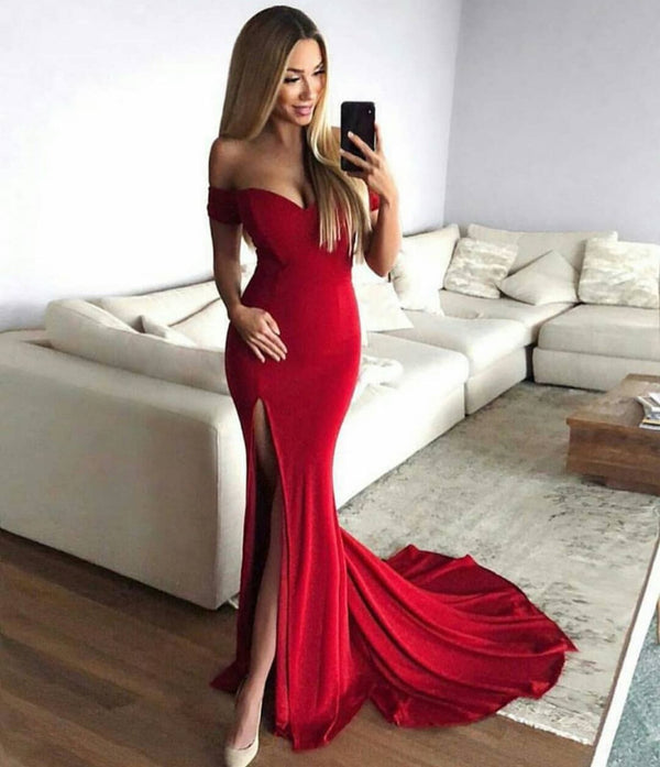 PM083,Off the shoulder red prom dresses red satin long evening formal gown