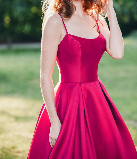 PM338,Hot Pink Spaghetti Straps A-Line Satin Long Prom Evening Dresses,Sleeveless Formal Gown