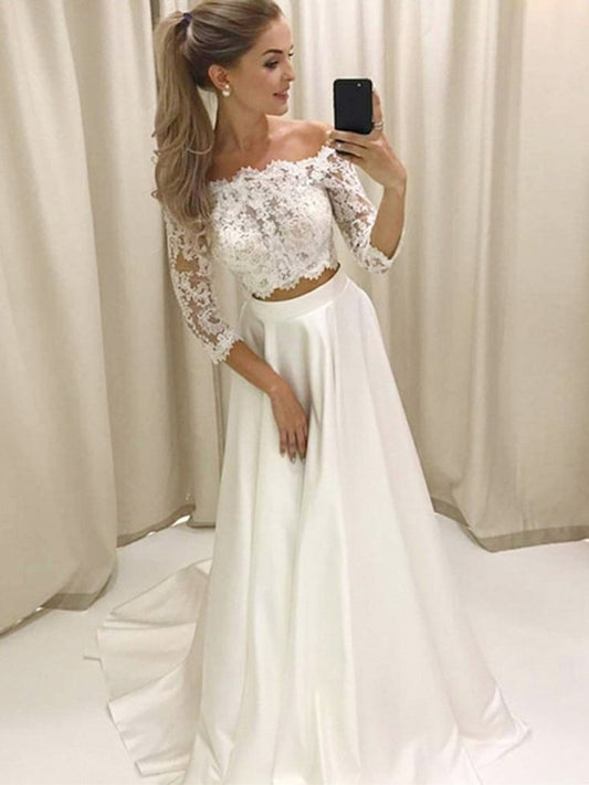 PM382,Charming White Two Pieces Wedding Dresses,A-Line Bridal Dress,Long Prom Evening Dresses