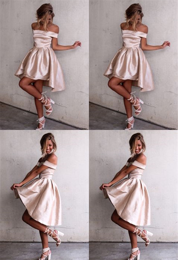 PM029,Chic Off The Shoulder A-line Short Dress ,Light Pink Homecoming Dress,Hi-Lo school event dress