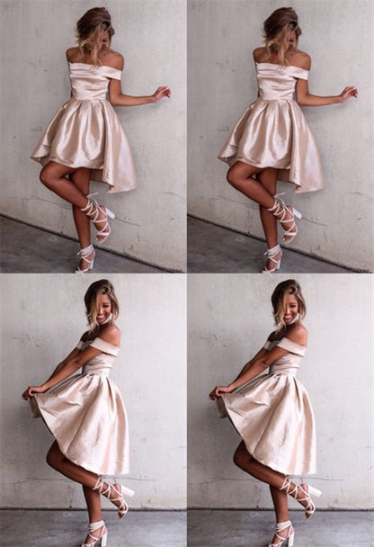 PM029,Chic Off The Shoulder A-line Short Dress ,Light Pink Homecoming Dress,Hi-Lo school event dress