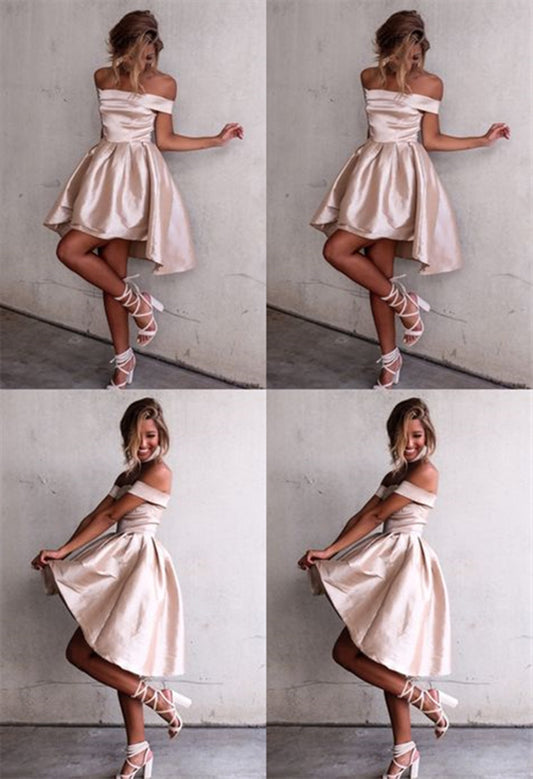 PM029,Chic Off The Shoulder A-line Short Dress ,Light Pink Homecoming Dress,Hi-Lo school event dress