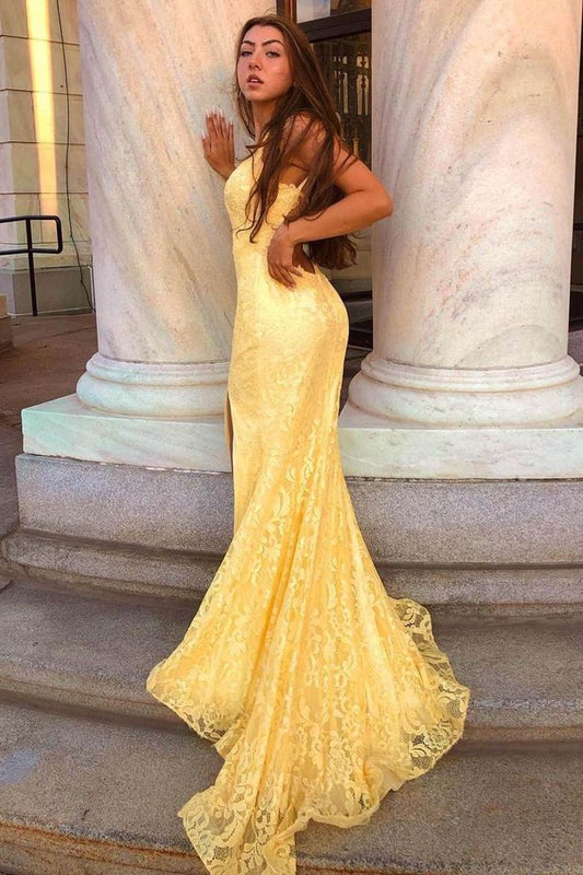 PM483,Pastel Yellow Mermaid Lace Prom Dresses, Backless Evening Dress