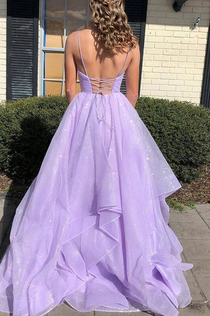 PM092,Princess Lavender Tiered Spaghetti Straps Long Prom Dress