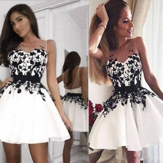 PM057,Cute white black a-line homecoming dresses mini evening formal gown