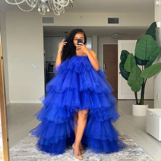 PM430,Puffy Black Girl Royal Blue Tulle Layers Sleeveless Long Prom Evening Dresses