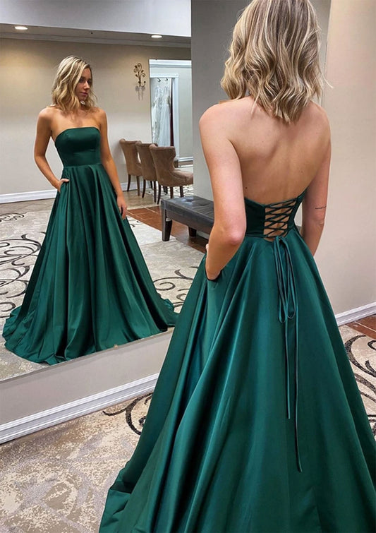 PM078,Strapless Emerald Green Long Prom Dresses,Emerald Green Long Formal Evening Dresses