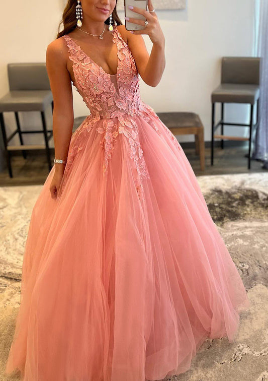 PM461, Blush Pink A-Line Floral Beaded Applique Tulle Prom Dresses, Long Birthday Ball Gown, Princess Robe Dresses