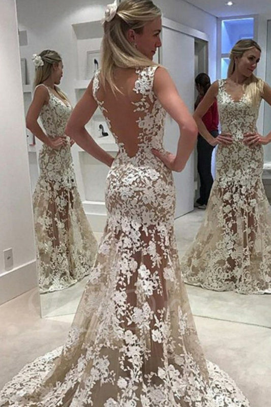 PM381,Sheer Backless White Lace Mermaid Wedding Dresses,Sleeveless See Through Prom Dresses