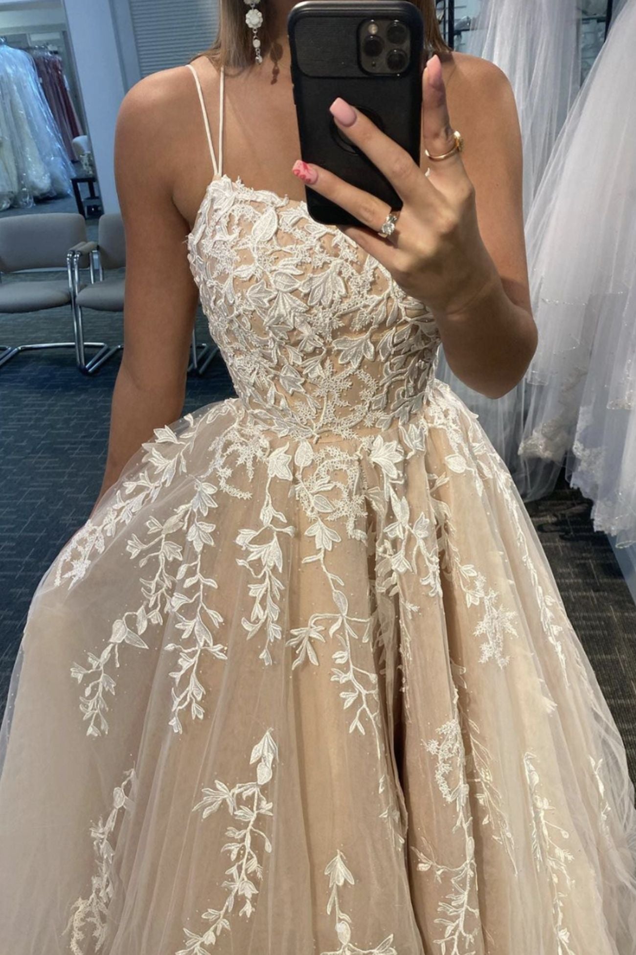 PM001,Stylish prom dress,spaghetti straps evening dresses,applique beaded long evening gown,tulle light champagne formal gown