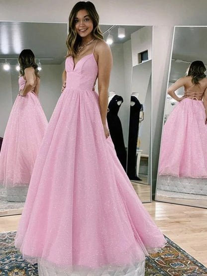 PM376,Spaghetti Straps Pink Long Prom Evening Dresses,Cross Back Formal Gown
