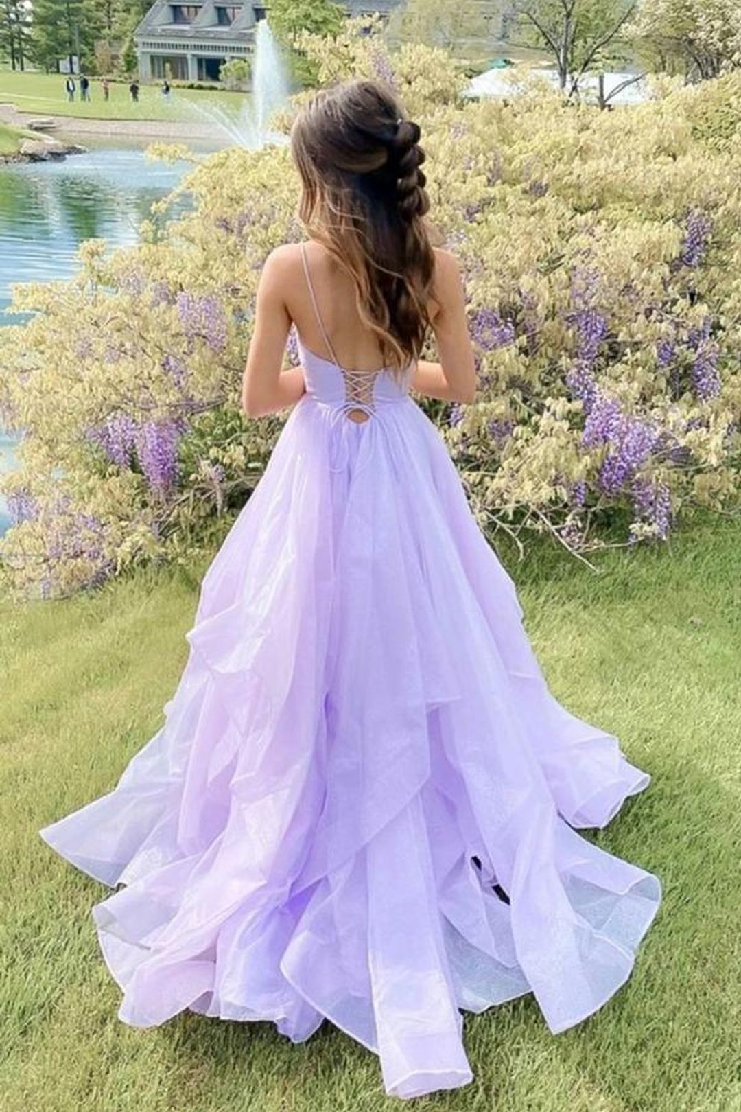 PM092,Princess Lavender Tiered Spaghetti Straps Long Prom Dress