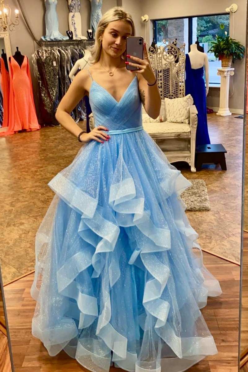 PM423,Glitter Sky Blue Sequin Tulle Long Prom Dresses,Ruffles Layers Evening Party Dress