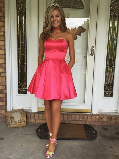 PM291,Strapless A-Line Satin Homecoming Prom Dresses