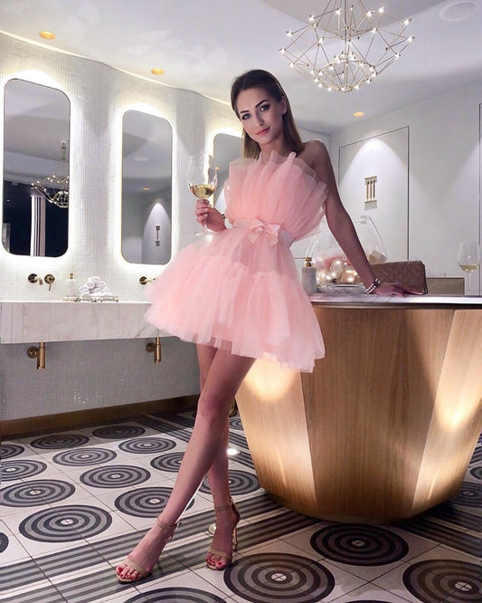 PM049,Pink pleated tulle homecoming dresses mini prom dress