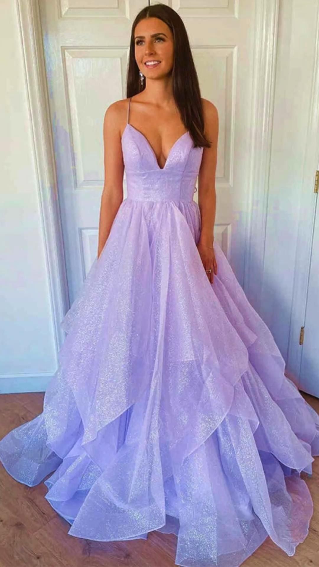 PM375,Charming Lilac Long Prom Dresses,V-Neck Ruffles Evening Formal Gown
