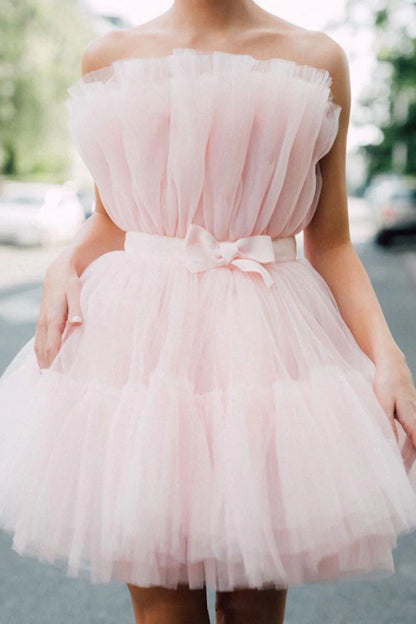 PM049,Pink pleated tulle homecoming dresses mini prom dress