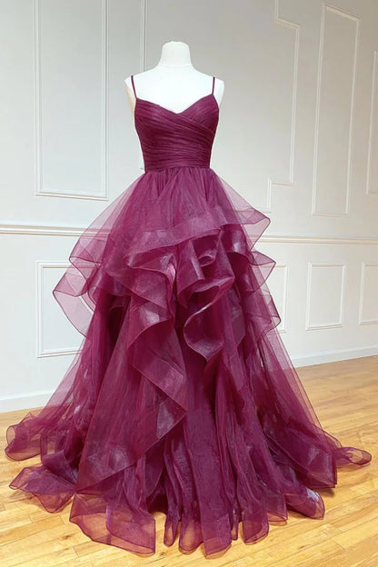 PM413,Spaghetti Straps Maroon V-Neck Tulle Layers Long Prom Formal Dresses