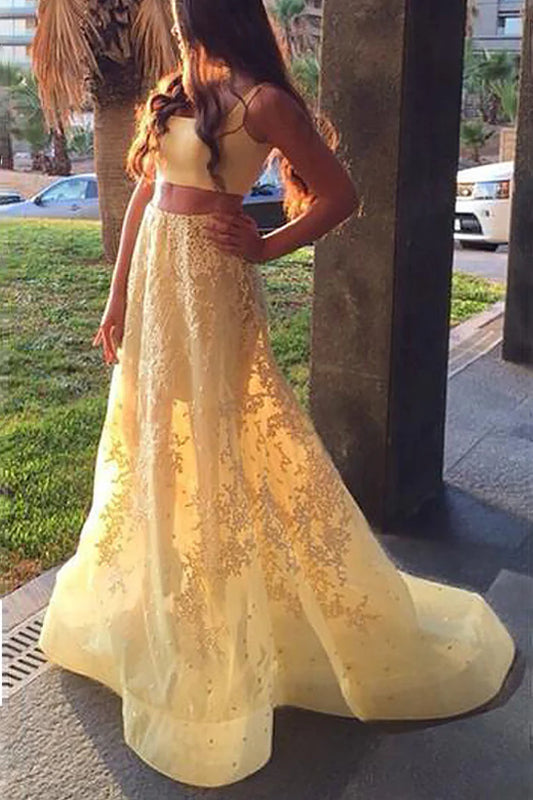 PM484,Yellow Two Pieces A-Line Long Prom Dresses, School Dance Dresses