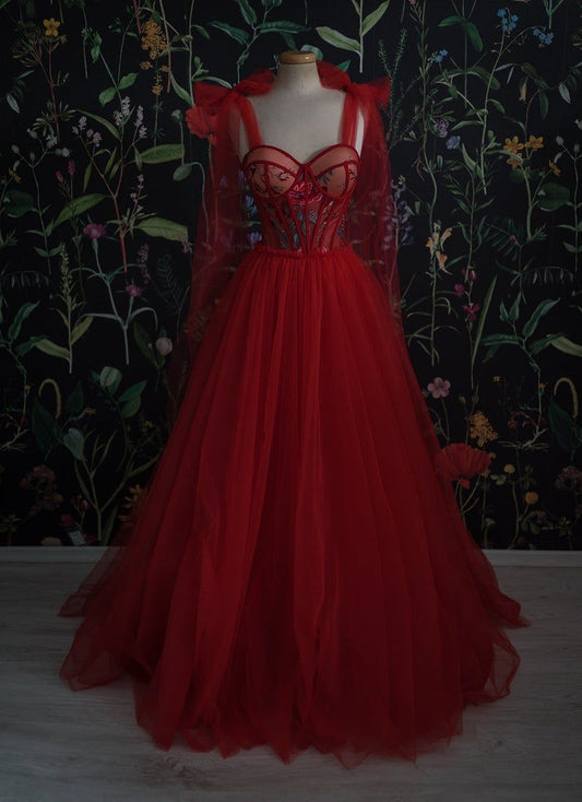 PM074,Red tulle prom dresses sweetheart long evening dress