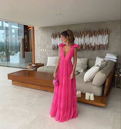 PM467,Pink Backless Prom Dress, V-Neck Evening Dress