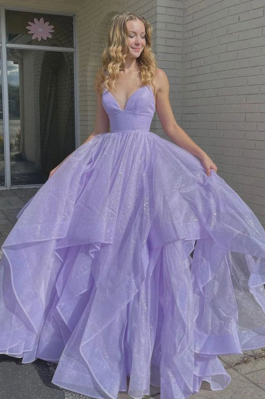 PM092,Princess Lavender Tiered Spaghetti Straps Long Prom Dress
